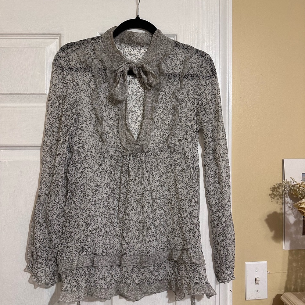 Sheer Tie-Neck Ruffle Blouse - Gray Floral